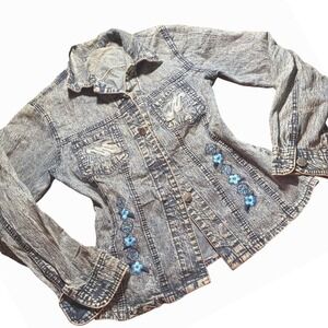 Y2K Butterfly Jeans Acid Wash Floral Embroidered Denim Jacket Blue Rhinestone